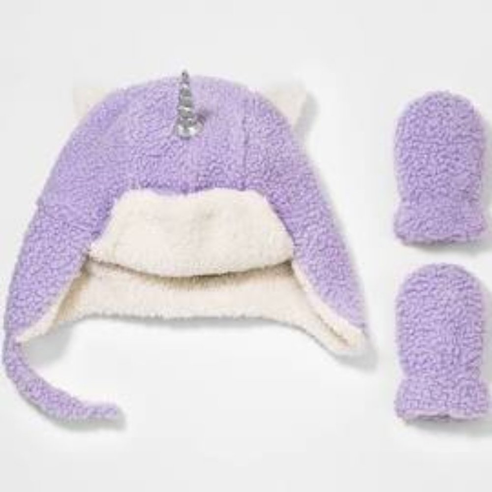 Toddler Unisex Fleece Trapper/Mittens Unicorn Sherpa Purple 0-6 mos